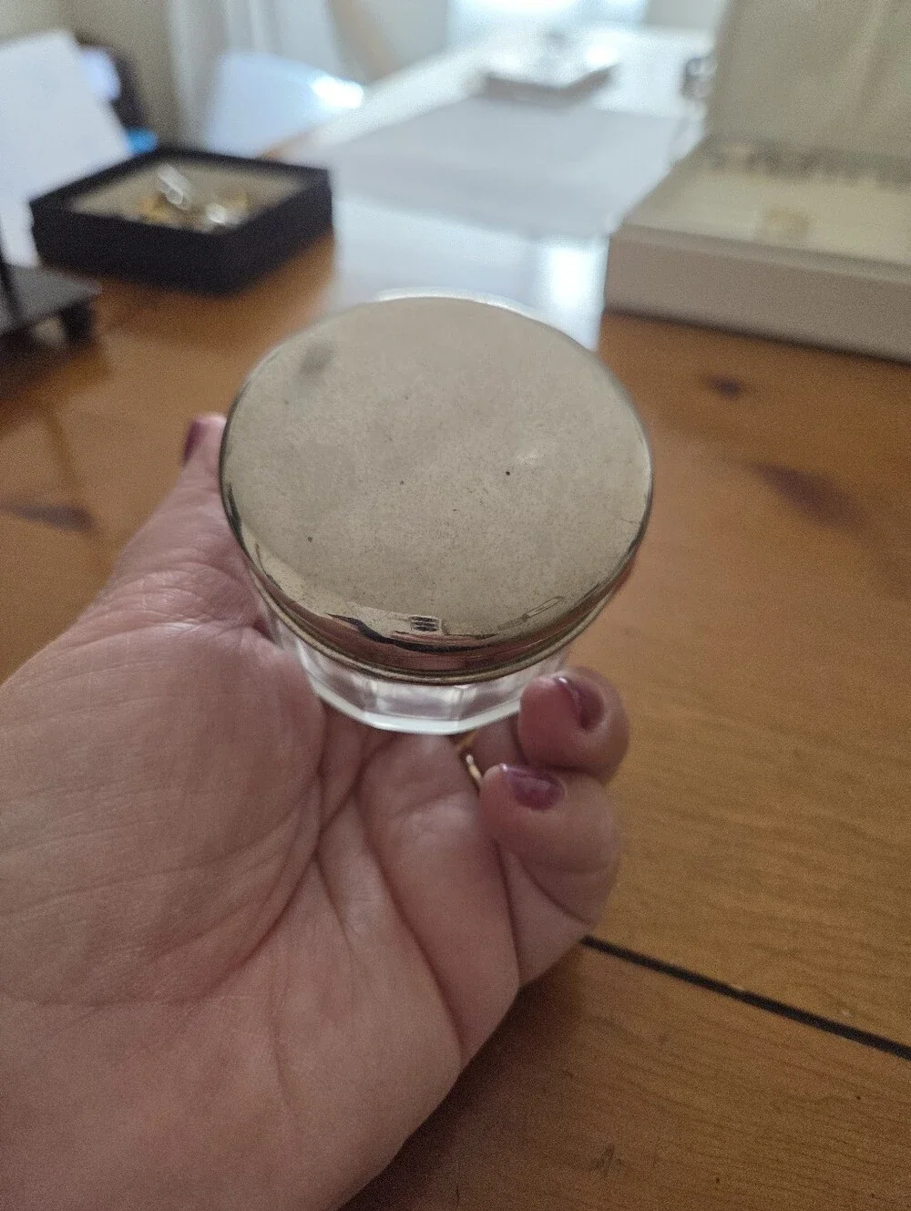 Art Nouveau French Pill Container Pressed Glass With Silver Lid